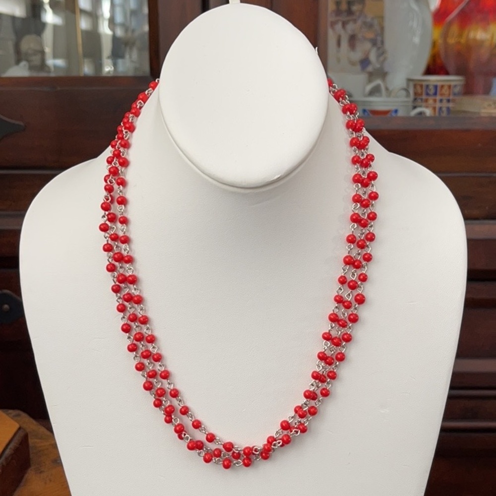 Red coral glass silver tone long necklace